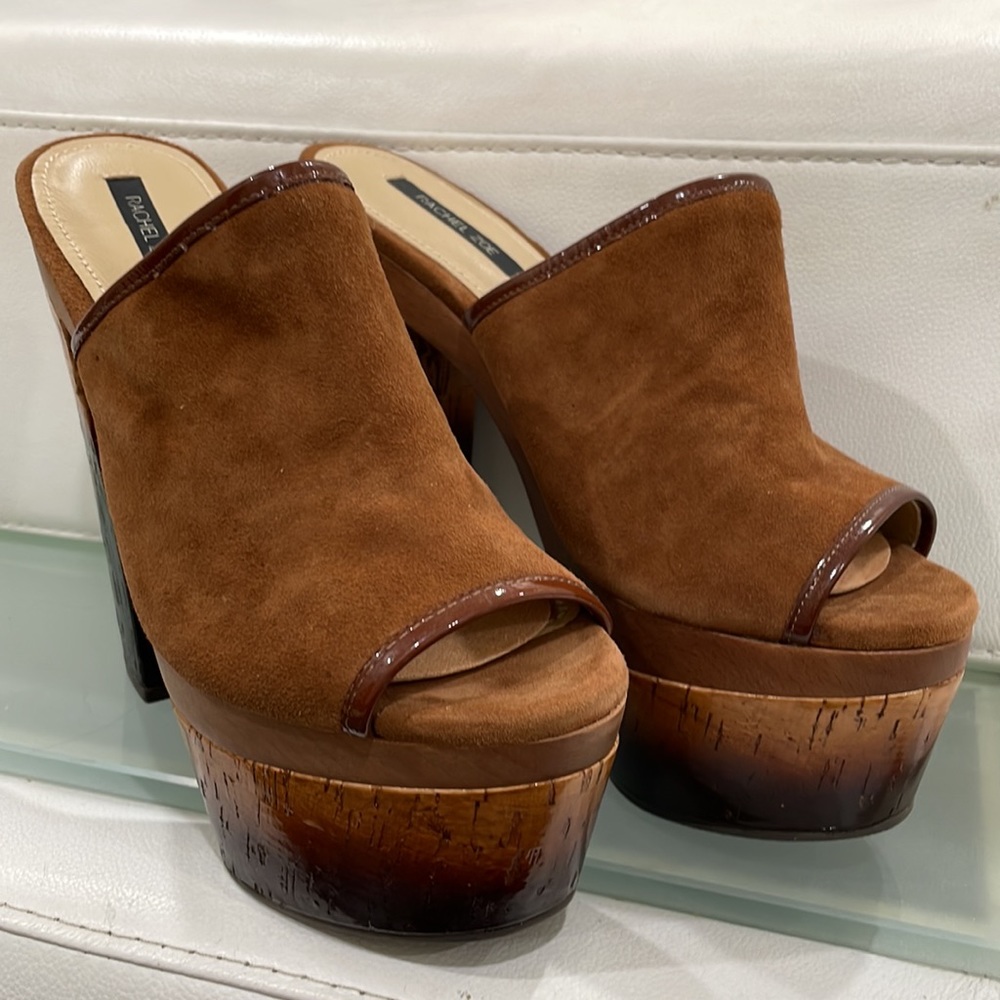 NEW RACHEL ZOE Eddie Kid Suede & Patent Lea Platform SZ8 toasted caramel cognac